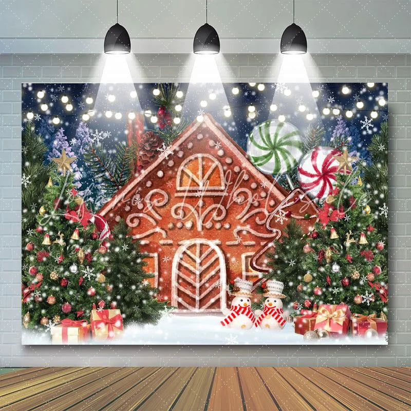 Lofaris Snowman Gingerbread House Christmas Tree Backdrop