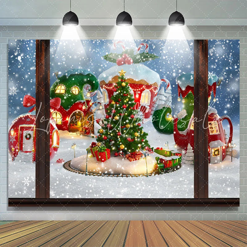 Lofaris Snowy Christmas House And Tree Happy Holiday Backdrop