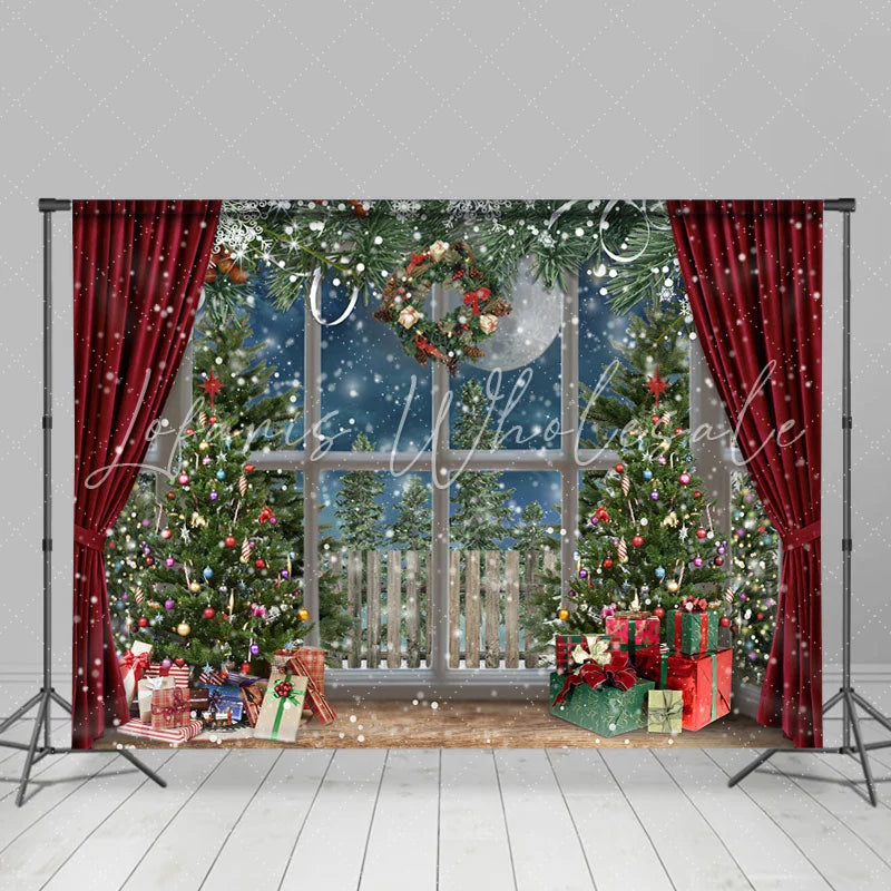 Lofaris Snowy Christmas Trees With Gifts Red Curtain Backdrop