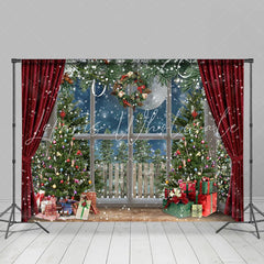 Lofaris Snowy Christmas Trees With Gifts Red Curtain Backdrop