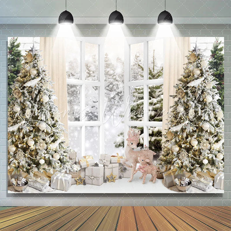 Lofaris Snowy Forest White Window Merry Christmas Backdrop