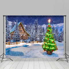 Lofaris Snowy White Cabin With Shiny Christmas Tree Backdrop