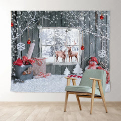 Lofaris Snowy Winter House With Deer Merry Christmas Backdrop