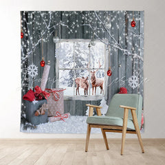 Lofaris Snowy Winter House With Deer Merry Christmas Backdrop