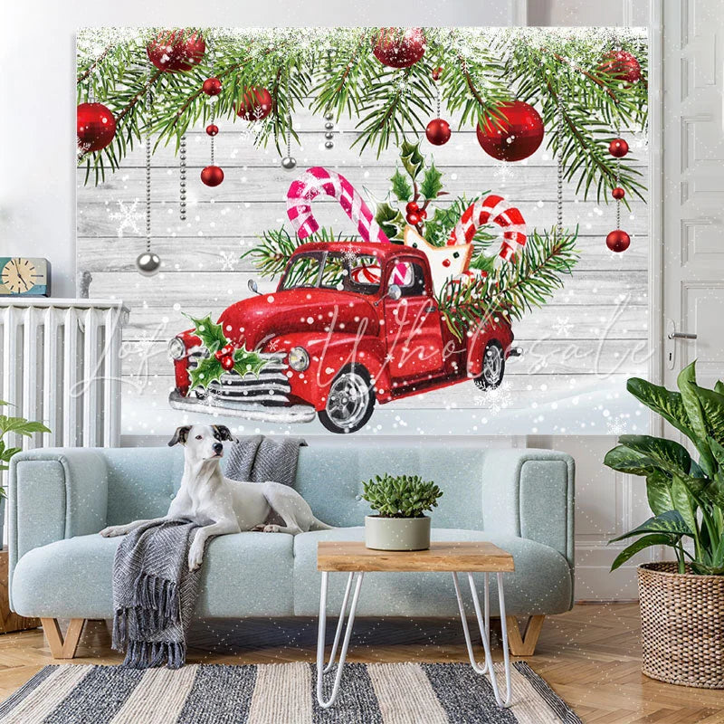 Lofaris Snowy Winter With Red Car And Gifts Christmas Backdrop