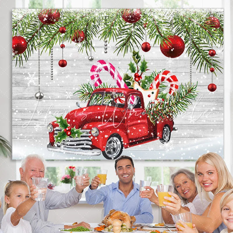 Lofaris Snowy Winter With Red Car And Gifts Christmas Backdrop