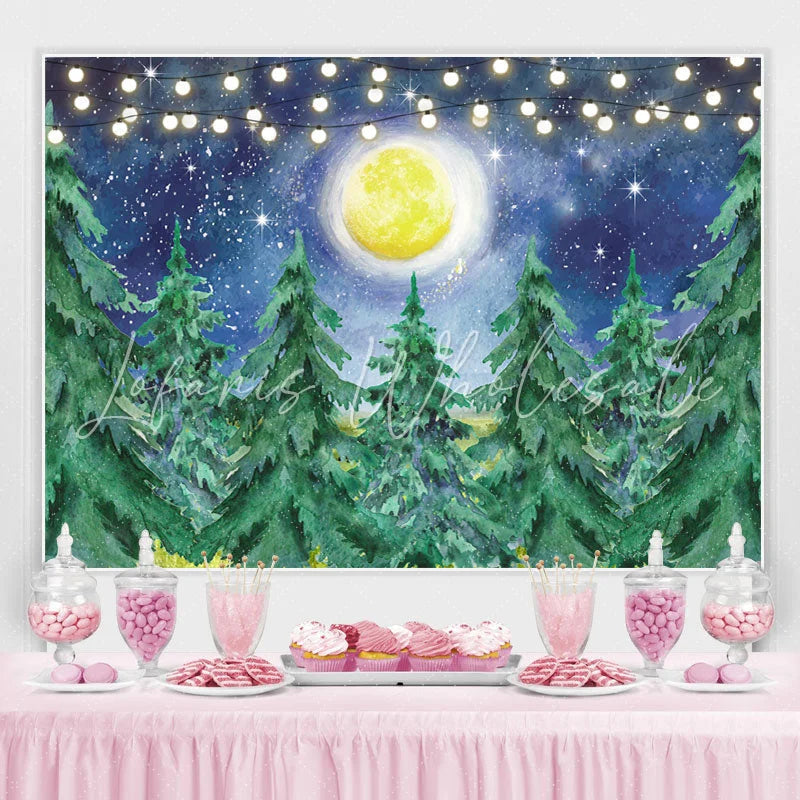 Lofaris Snowy Winter With Trees And Moon Baby Shower Backdrop