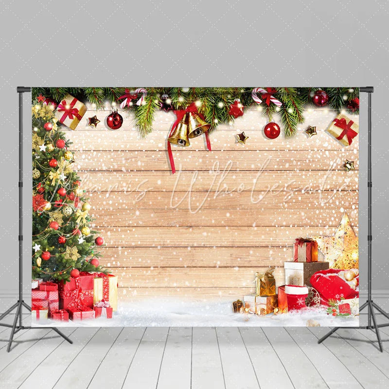 Lofaris Snowy Wooden Board Christmas Bell And Gifts Backdrop