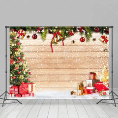 Lofaris Snowy Wooden Board Christmas Bell And Gifts Backdrop