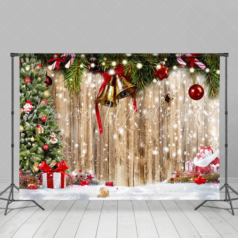 Lofaris Snowy Wooden Board Christmas Bells Holiday Backdrop
