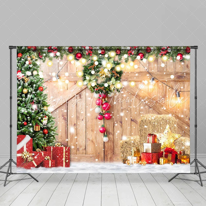 Lofaris Snowy Wooden Door With Christmas Tree Gift Backdrop