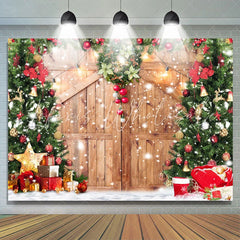Lofaris Snowy Wooden Door With Wreath Christmas Tree Backdrop