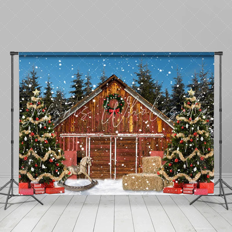 Lofaris Snowy Wooden House Night With Christmas Tree Backdrop
