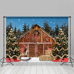 Lofaris Snowy Wooden House Night With Christmas Tree Backdrop