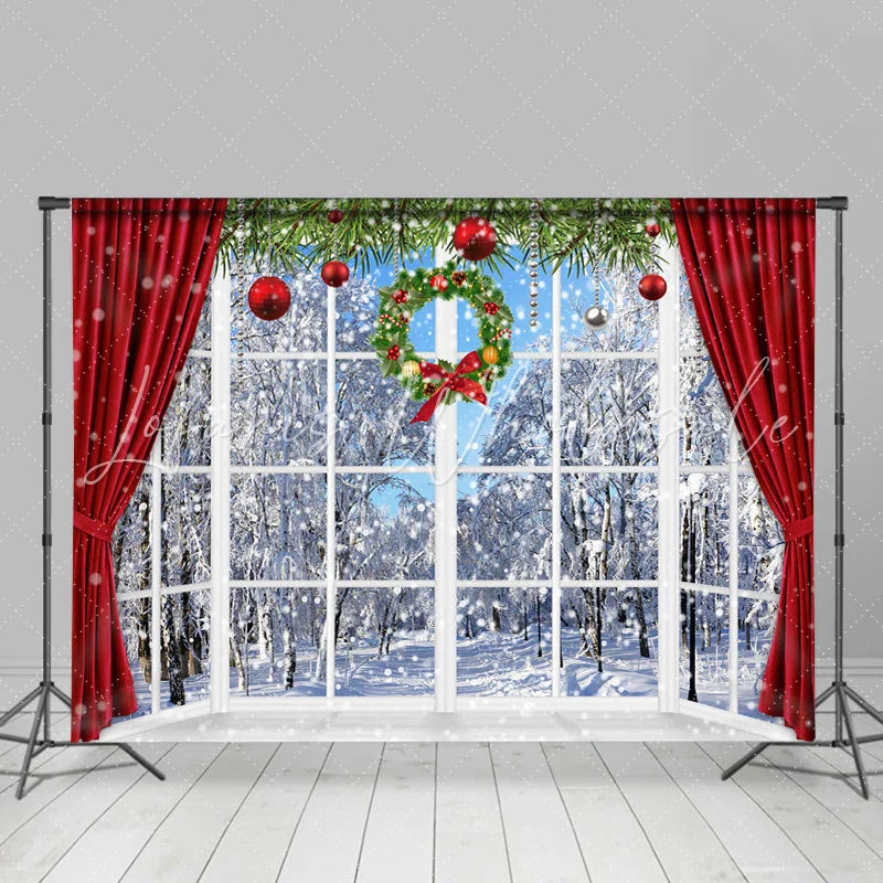 Lofaris Snowy World With Christmas Wreath Curtain Backdrop