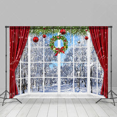 Lofaris Snowy World With Christmas Wreath Curtain Backdrop