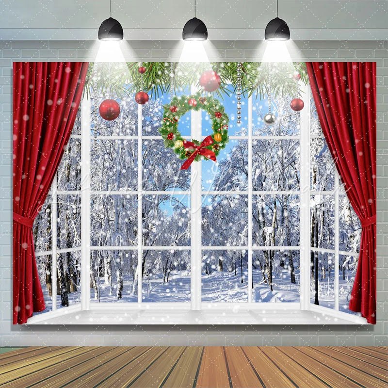 Lofaris Snowy World With Christmas Wreath Curtain Backdrop