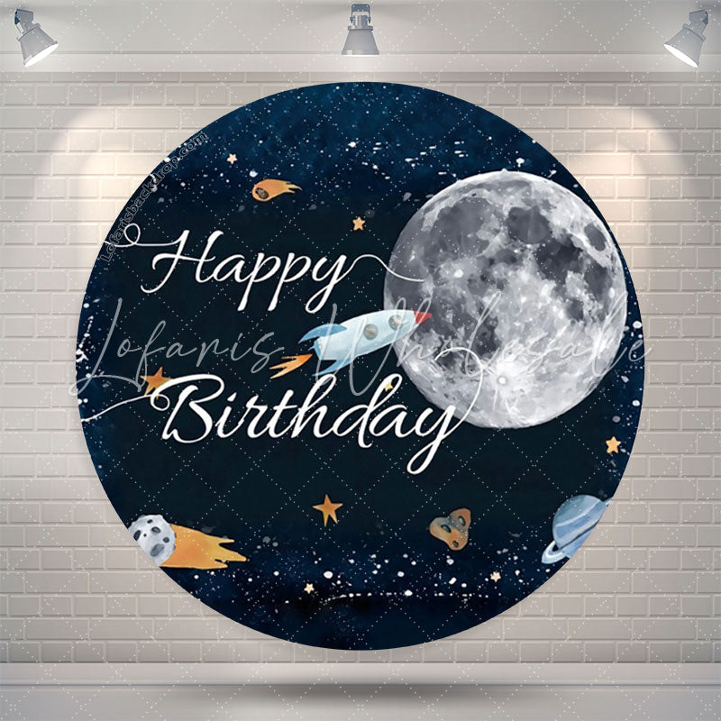 Lofaris Space Moon Rocket Happy Birthday Round Backdrop Cover