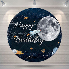 Lofaris Space Moon Rocket Happy Birthday Round Backdrop Cover