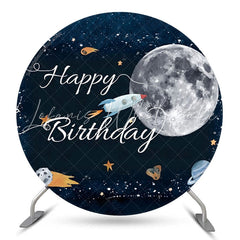 Lofaris Space Moon Rocket Happy Birthday Round Backdrop Cover
