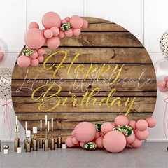 Lofaris Stripe Wood Gold Happy Birthday Round Backdrop For Party