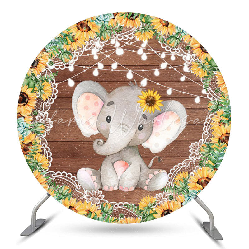 Lofaris Sunflower Elephant Wood Round Baby Shower Backdrop