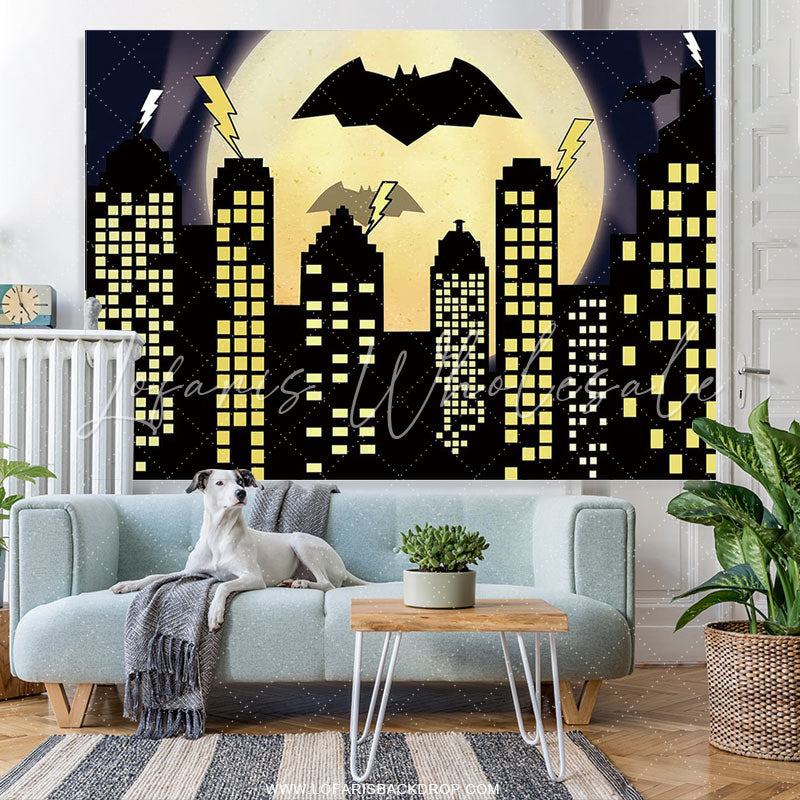 Lofaris Super City Yellow Full Moon Bat Birthday Backdrop Party Banner