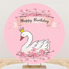 Lofaris Swan And Floral Pink Round Happy Birthday Day Backdrop