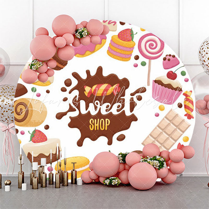 Lofaris Sweet Candy Shop Cakes White Round Backdrop Cover