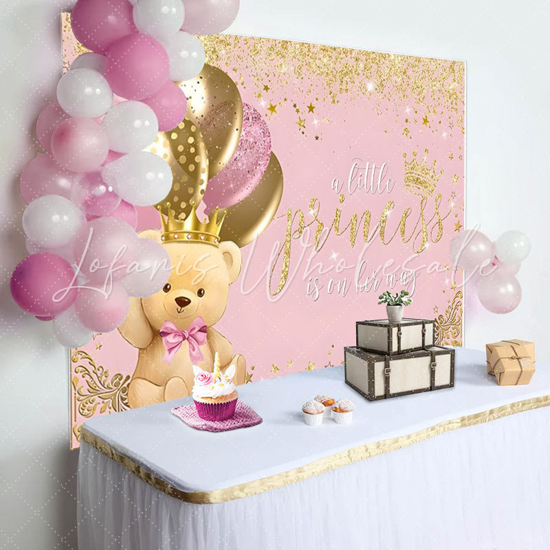 Lofaris Teddy Bear Balloon Crown Pink Baby Shower Backdrop