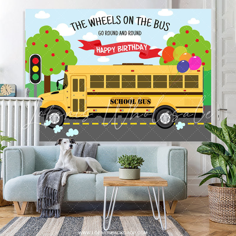 Lofaris The Wheels On Bus Go Round Happy Birthday Backdrop