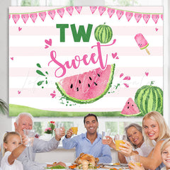 Lofaris Two Sweet Watermelon Pink Stripes 2nd Birthday Backdrop for Girl