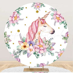Lofaris Unicorn Floral Leaves White Round Birthday Backdrop