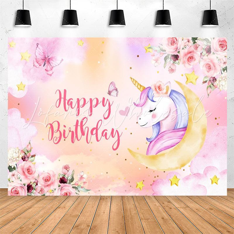 Lofaris Unicorn Pink Floral Butterfly Girl Birthday Backdrop