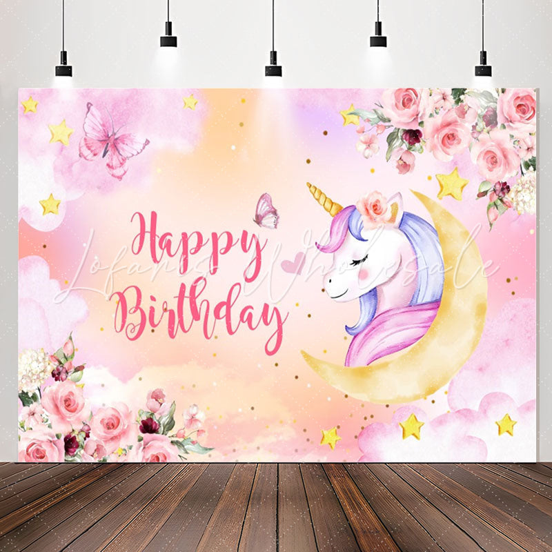 Lofaris Unicorn Pink Floral Butterfly Girl Birthday Backdrop