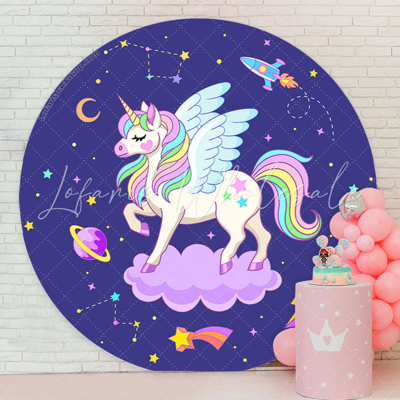 Lofaris Unicorn Purple Round Birthday Party Backdrop Cover