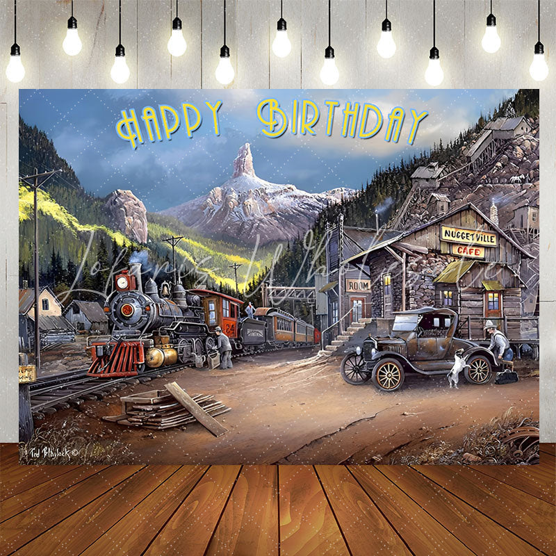 Lofaris Vintage Mountain Train Car Happy Birthday Backdrop