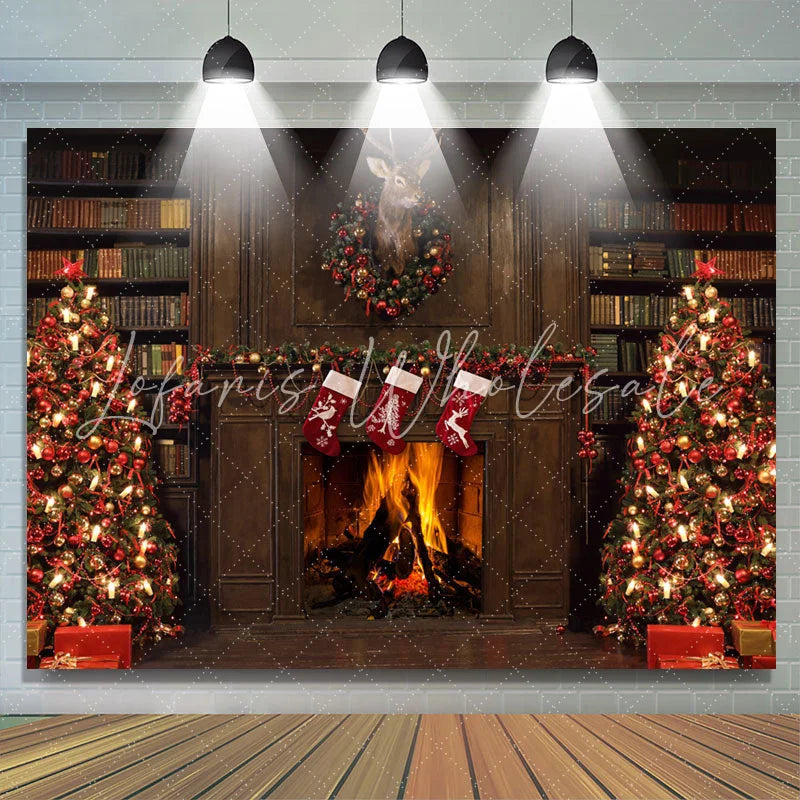 Lofaris Warm Christmas Wreath And Trees Happy Holiday Backdrop