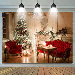 Lofaris Warm Cozy Candles Christmas Tree Red Sofa Backdrop