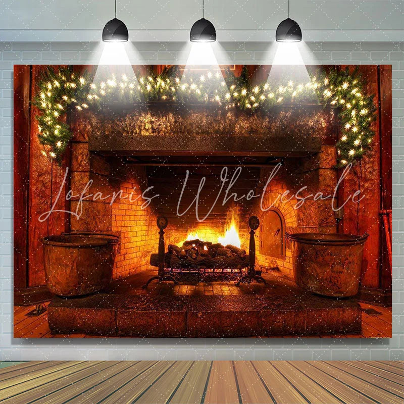 Lofaris Warm fireplace Christmas light backdrop for Photoshoot