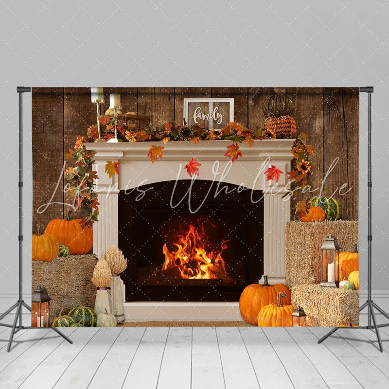 Lofaris Warm Fireplace Pumpkin Family Thanksgiving Day Backdrop