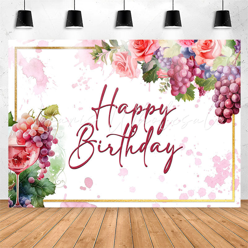 Lofaris Watercolor Floral Grape Wine Happy Birthday Backdrop