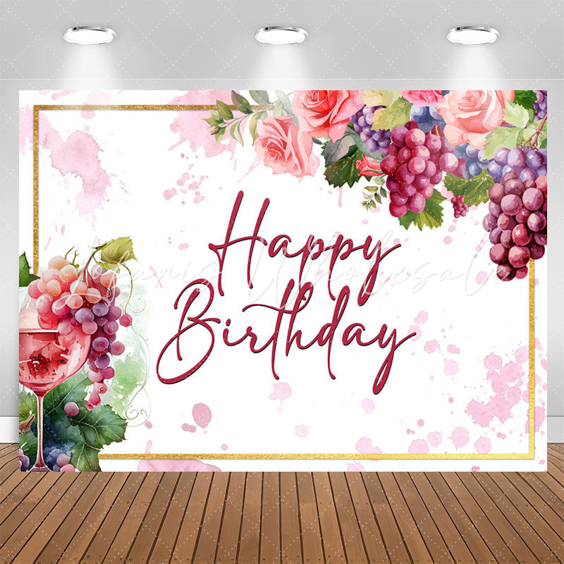 Lofaris Watercolor Floral Grape Wine Happy Birthday Backdrop
