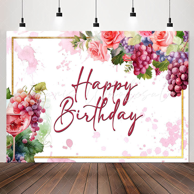 Lofaris Watercolor Floral Grape Wine Happy Birthday Backdrop