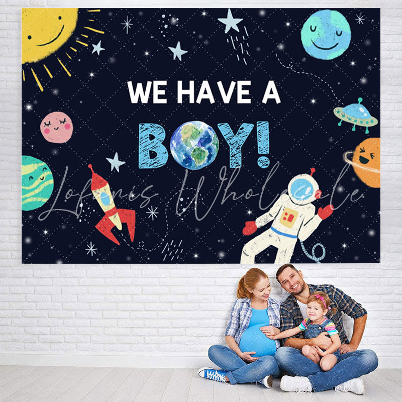 Lofaris We Have A Boy Cartoon Outer Space Rocket Astronaut Backdrop