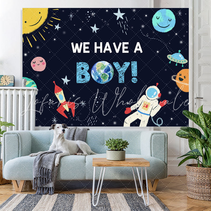 Lofaris We Have A Boy Cartoon Outer Space Rocket Astronaut Backdrop