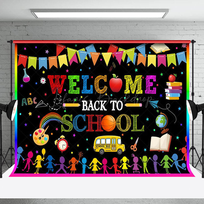 Lofaris Welcome Rainbow Flags Bus Back To School Backdrop