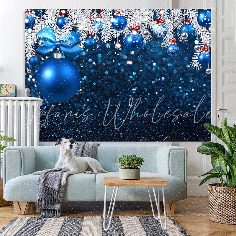 Lofaris White And Blue Glitter Balls Merry Christmas Backdrop