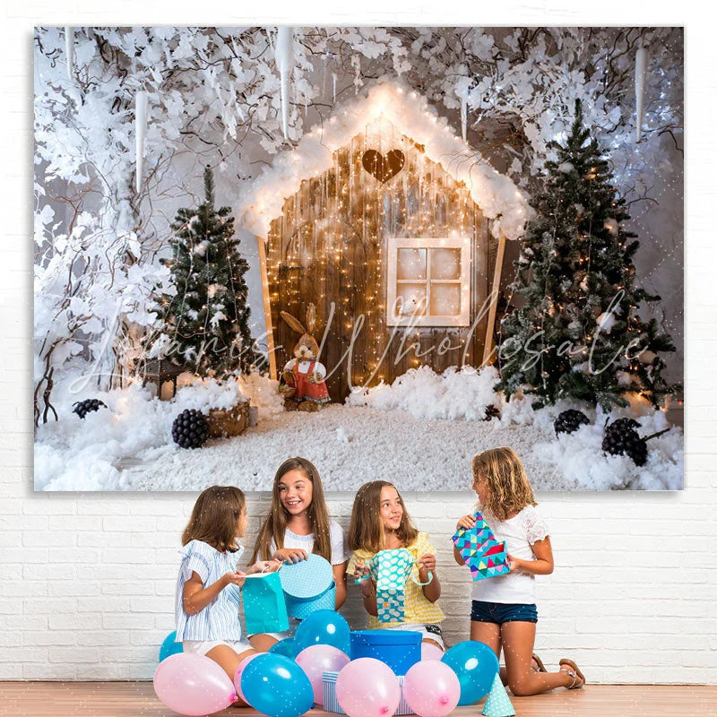 Lofaris White And Glitter House Christmas Trees Winter Backdrop