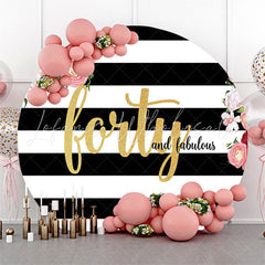 Lofaris White Black Stripes Floral Round Birthday Backdrop